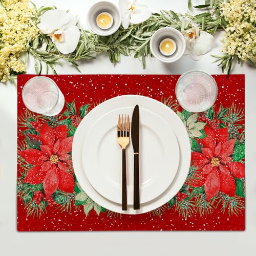 Red Poinsettias Placemats Set of 4 - 12 x 18 Inch Winter Holiday Table Decor