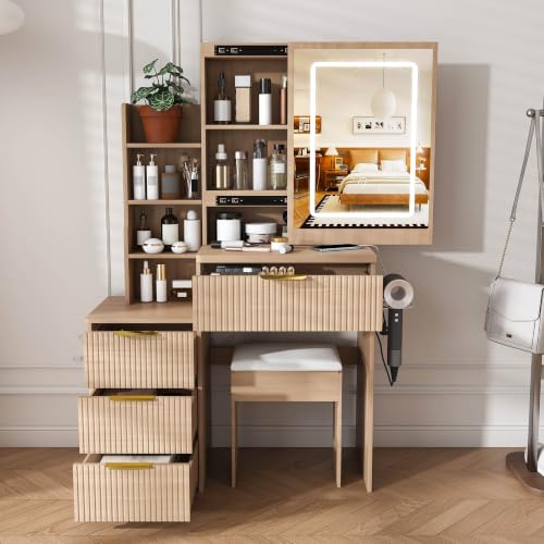 Dressing Table Set with Mirror & Lights, Vanity Desk with 4 Drawers, Hidden Storage, Charging Station - Natural Oak