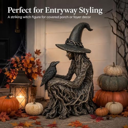 Gothic Witch Figurine Halloween Decor - Mystical Raven Statue with Textured Gown