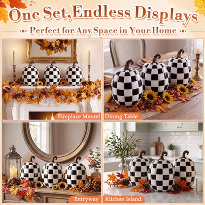 Black and White Checkered Pumpkins Set of 3 - Halloween Fall Decor