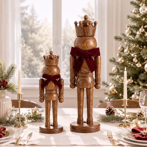 Amyhill 2-Piece Wooden Nutcracker Figures Decor - 14 Inch & 10 Inch, Brown, Velvet Bow Variation
