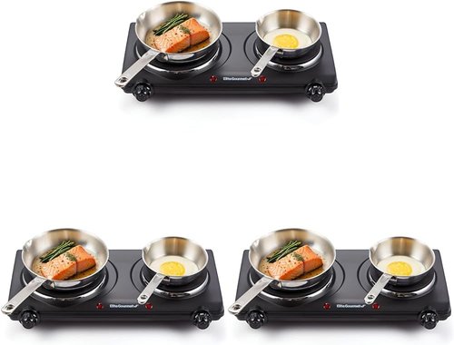Elite Gourmet Countertop Double Cast Iron Burner - 1500 Watts Electric Hot Plate with Temperature Controls & Power Indicator Lights - Easy to Clean, Black (Pack of 3)