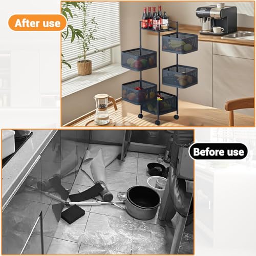 Black 5-Tier Metal Mesh Kitchen Storage Cart with Rotating Baskets & Wheels