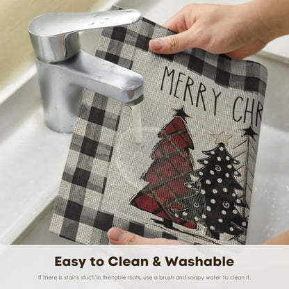Christmas Trees Vinyl Placemats Set of 6 - 12x18 Inch Rectangular Black Winter Table Mats
