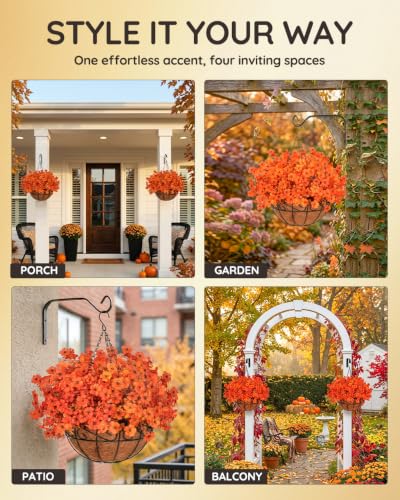 Artificial Fall Orange Mums Flowers Planter Hanging Basket for Outdoors - Fall Orange