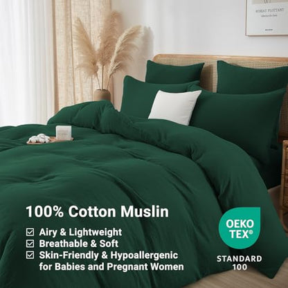 Dark Green Twin Muslin Cotton Duvet Cover Set - Fluffy Solid Bedding