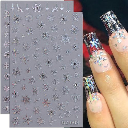 Christmas Nail Stickers Set A - Silver Snowflake & Reindeer 3D Decals for DIY Manicure