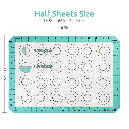 U-Taste 446ºF Heat Resistant Macaron Silicone Baking Mat, Non Stick Reusable Cookies Pastry Sheet Liner with Edge Enhancement Circle Measurement (Half Sheets Size, Pack of 2, Aqua Sky)