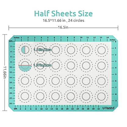 U-Taste 446ºF Heat Resistant Macaron Silicone Baking Mat, Non Stick Reusable Cookies Pastry Sheet Liner with Edge Enhancement Circle Measurement (Half Sheets Size, Pack of 2, Aqua Sky)