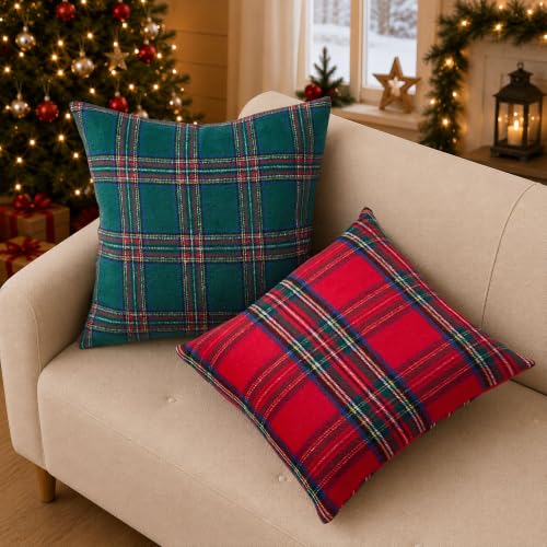 Christmas Plaid Pillow Covers Set - Green 18x18 Inches, Pack of 2