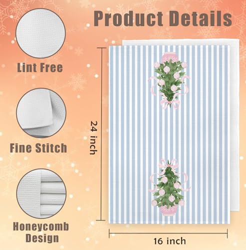 Blue Striped Pink Ball Christmas Tree Kitchen Towels - Holiday Decor 16x24