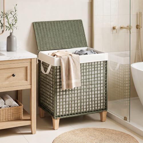 Double Laundry Hamper with Lid and Wood Feet, 120L Handwoven Basket
