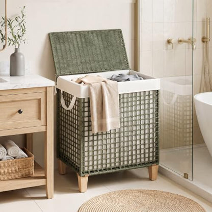 Double Laundry Hamper with Lid and Wood Feet, 120L Handwoven Basket