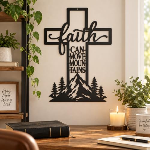 Christian Cross Wall Art - Faith Can Move Mountains Metal Decor