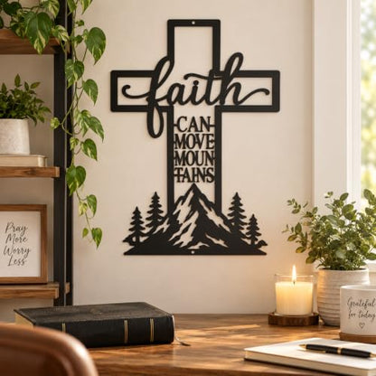 Christian Cross Wall Art - Faith Can Move Mountains Metal Decor