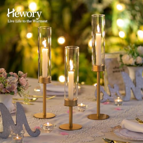 Hewory Gold Candlestick Holders Set of 12 - Glass Hurricane with Brass Bases, Matte Gold Variation
