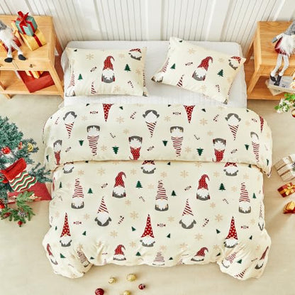 Lekesky Christmas Gnome Duvet Cover Set Queen Size 3-Piece - Red Hatted Gnome Design