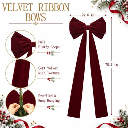 Large Burgundy Velvet Christmas Tree Topper Bow - 27.6 x 78.7 Inches