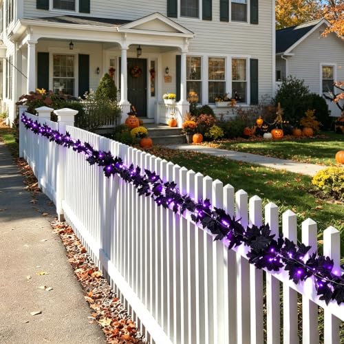 Black Maple Leaf Garland with Purple LED String Lights - Halloween Decor