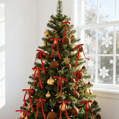 Red Velvet Bow Christmas Tree Ornaments - 24 Pack Holiday Decorations