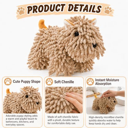Brown Dog Hand Towel - Puppy Shaped Absorbent Chenille for Bathroom & Kitchen