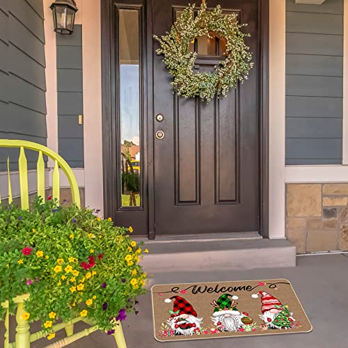Christmas Doormat 17x29 Inch Buffalo Plaid Gnome Holiday Entryway Mat - Xmas 3 Gnomes Variation
