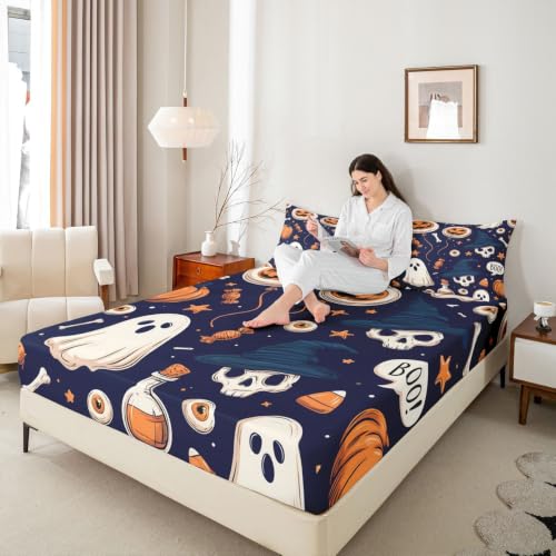 Kids Full Size Bat Ghost Halloween Bed Sheet Set Navy Blue Deep Pockets with Pillowcases