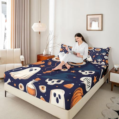 Kids Full Size Bat Ghost Halloween Bed Sheet Set Navy Blue Deep Pockets with Pillowcases