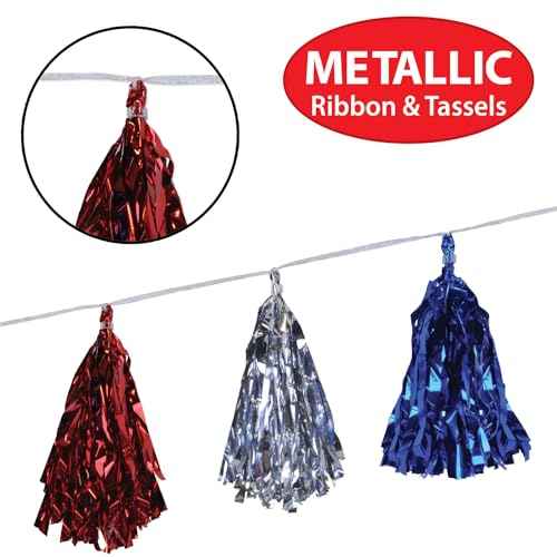 Beistle Beistle , 2 Piece Metallic Tassel Garlands, 9.75" x 8', 9.75" x 8', Red/Silver/Blue