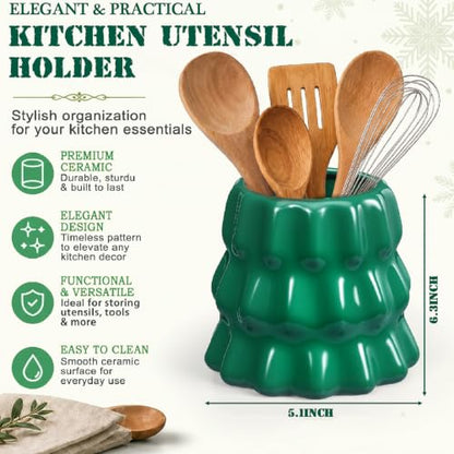 Green Ceramic Christmas Tree Utensil Holder - Kitchen Organizer, Holiday Decor