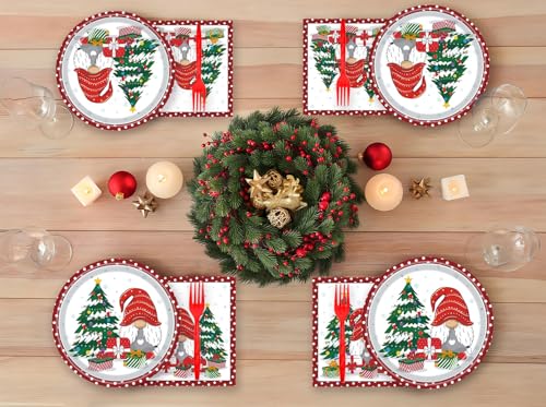 Christmas Gnomes Plates and Napkins Set with Santa & Tree - Holiday Party Supplies