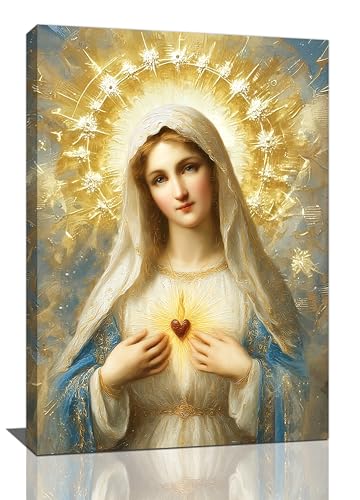 Religious Wall Art Canvas Mary Mother of God Jesus - 24 x 16 Inches - Catholic Decor