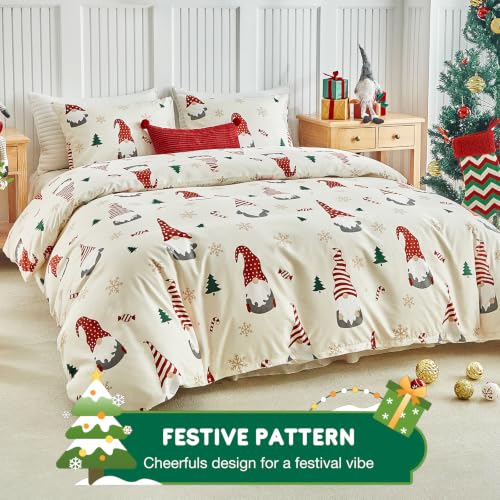 Lekesky Christmas Gnome Duvet Cover Set Queen Size 3-Piece - Red Hatted Gnome Design