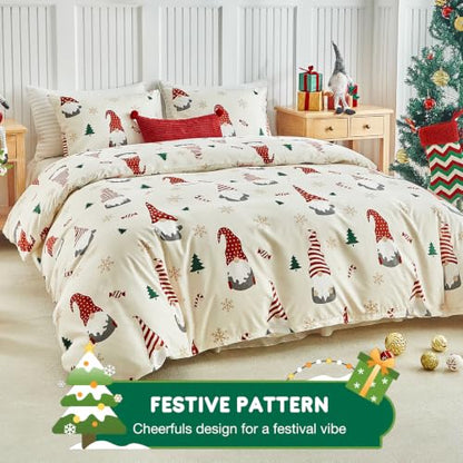 Lekesky Christmas Gnome Duvet Cover Set Queen Size 3-Piece - Red Hatted Gnome Design
