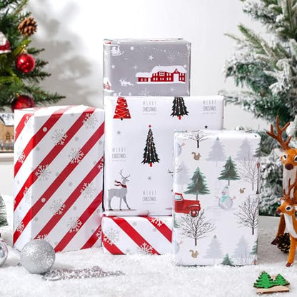 Christmas Wrapping Paper Bundle - Reindeer, Snowflake, Red Truck & Woodland Designs - White-Christmas Variation, 6 Jumbo Sheets