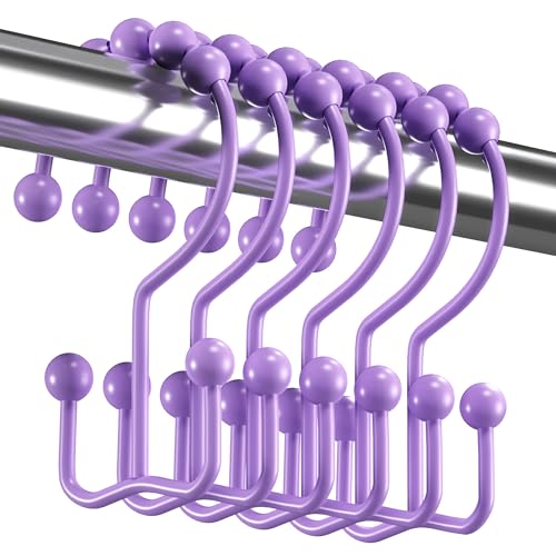 Titanker Shower Curtain Hooks Rings, Rust-Resistant Metal Double Glide Shower Hooks for Bathroom Shower Rods Curtains, Set of 12 Hooks - Lavender