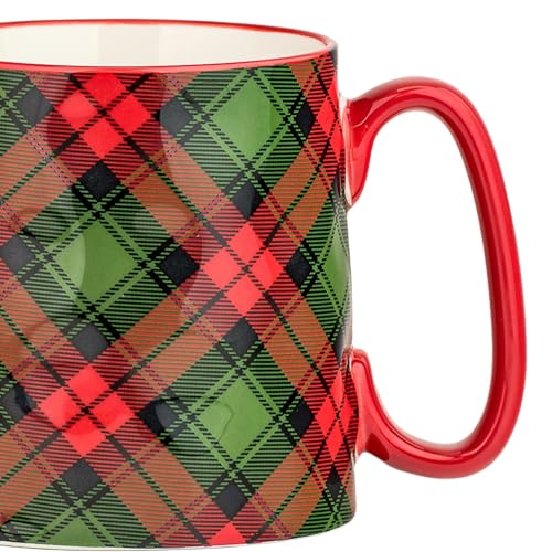 Holiday Plaid Ceramic Mug Set of 4 - 18oz Christmas Coffee Cups with Handle