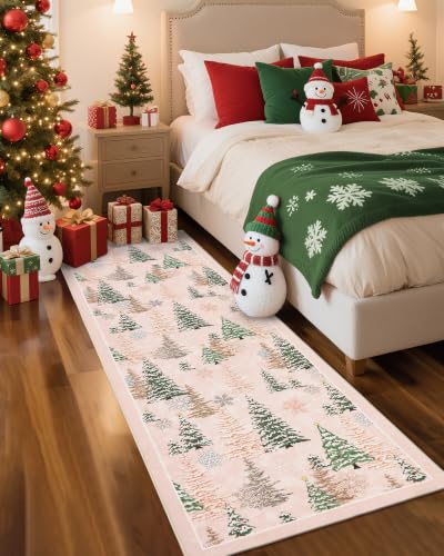 Christmas Runner Rug Pink 2ft x 6ft Washable Hallway Area Rug - Festive Non Slip Mat