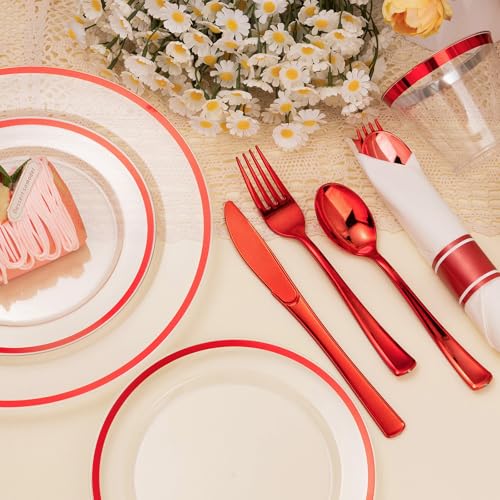 Red Disposable Plates Set for 100 Guests - 700 Pieces Party Dinnerware