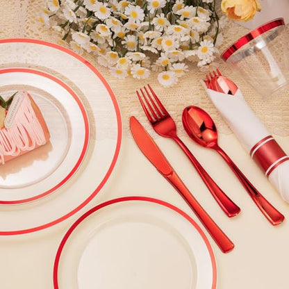 Red Disposable Plates Set for 100 Guests - 700 Pieces Party Dinnerware