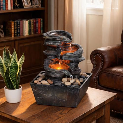 Indoor Tabletop Water Fountain with LED Lights, 3-Tier Resin Rock Waterfall