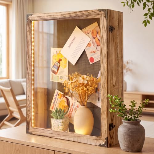 16x20 Inch Rustic Brown Deep Shadow Box Frame with LED Light - Cinnvoice