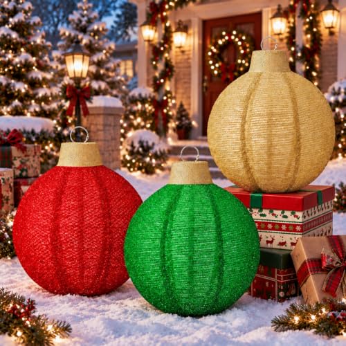 Outdoor Christmas Ornament Balls Set - Glitter Red, Green, Gold, 12 Inches, 3 Pack