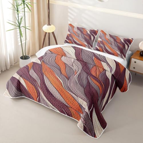 Geometrical Abstract Waves Quilt Set Queen Size - Orange Grey Red | Bohemian Lines Coverlet