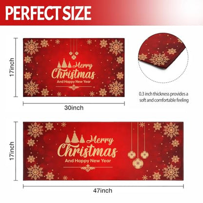 Christmas Kitchen Rugs Set of 2 - Snowflake & Merry Christmas Design, Non-Slip Floor Mats for Entryway & Kitchen, Red & Gold, 17x30 & 17x47 Inches