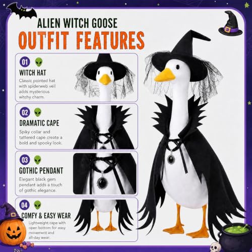 Halloween Witch Porch Goose Costume with Lace Spider Web Hat - Black2