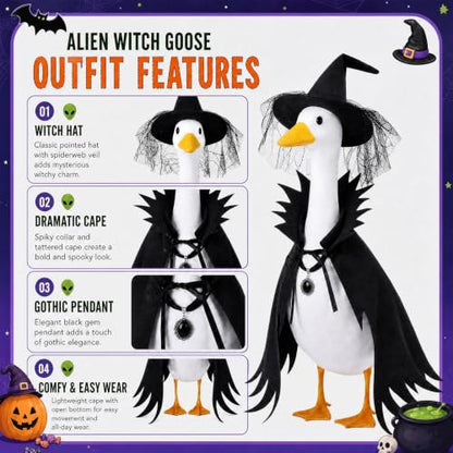 Halloween Witch Porch Goose Costume with Lace Spider Web Hat - Black2