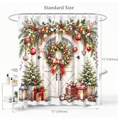 Farmhouse Christmas Wreath Shower Curtain - Rustic Wooden Door Pine Berry Ornament Lantern with Hooks - White Variation
