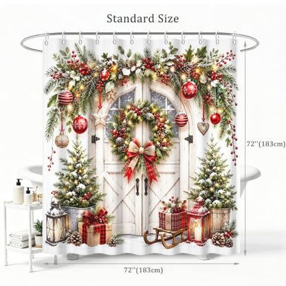 Farmhouse Christmas Wreath Shower Curtain - Rustic Wooden Door Pine Berry Ornament Lantern with Hooks - White Variation