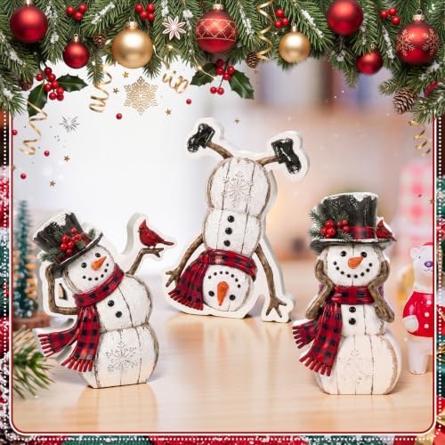 Christmas Snowman Centerpiece Set - Rustic Wooden Holiday Decor, 3 Pieces